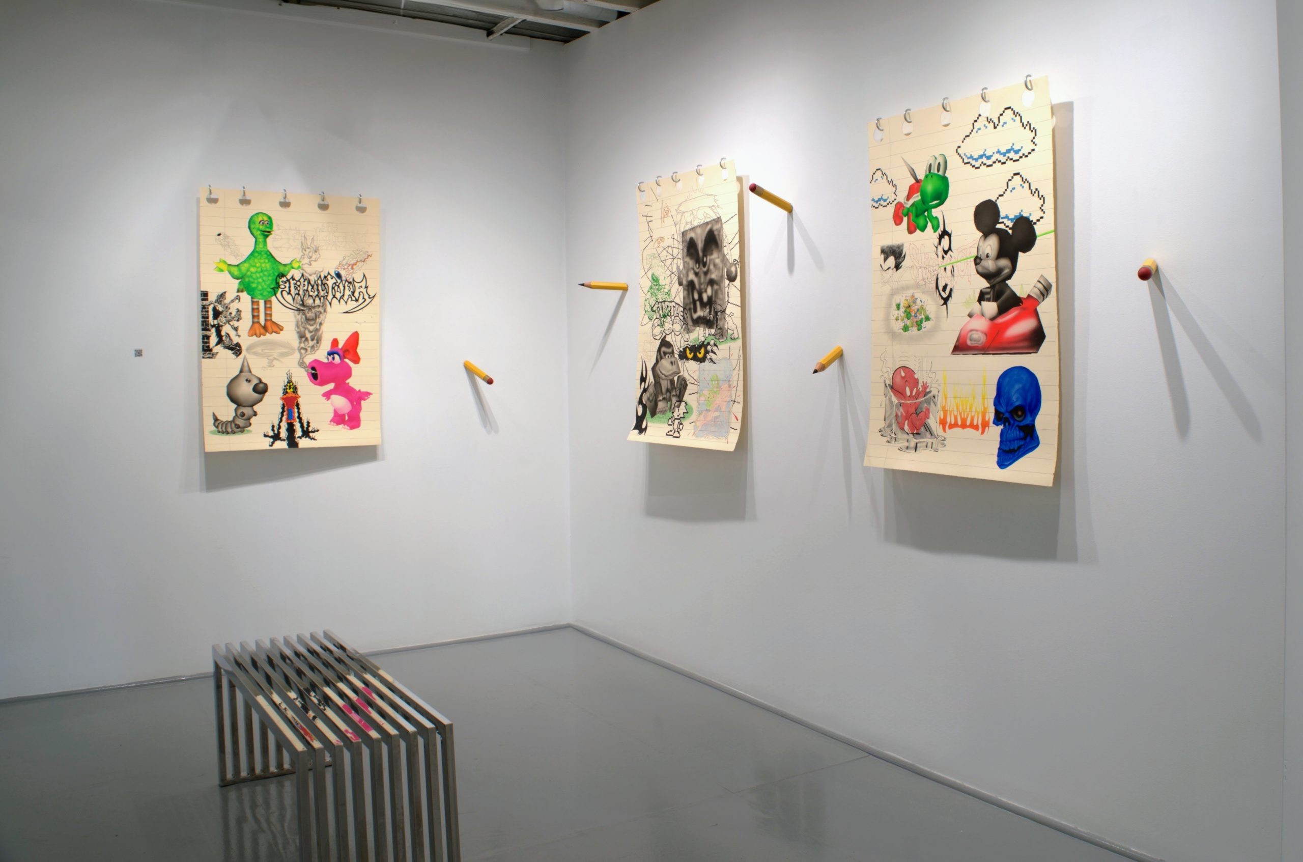 Installation view of Not The Same As It Was: Revisiting Pop Culture Memories group exhibition at Gallery Bogart Kansas City, featuring contemporary Mexico-based artists exploring nostalgia and collective memory.