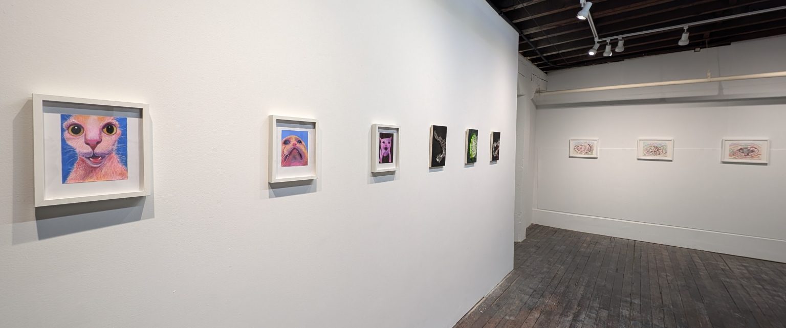 Installation view of One Bedroom Apartment group exhibition at Gallery Bogart Kansas City, featuring small-scale contemporary paintings and mixed media works exploring intimate artistic gestures