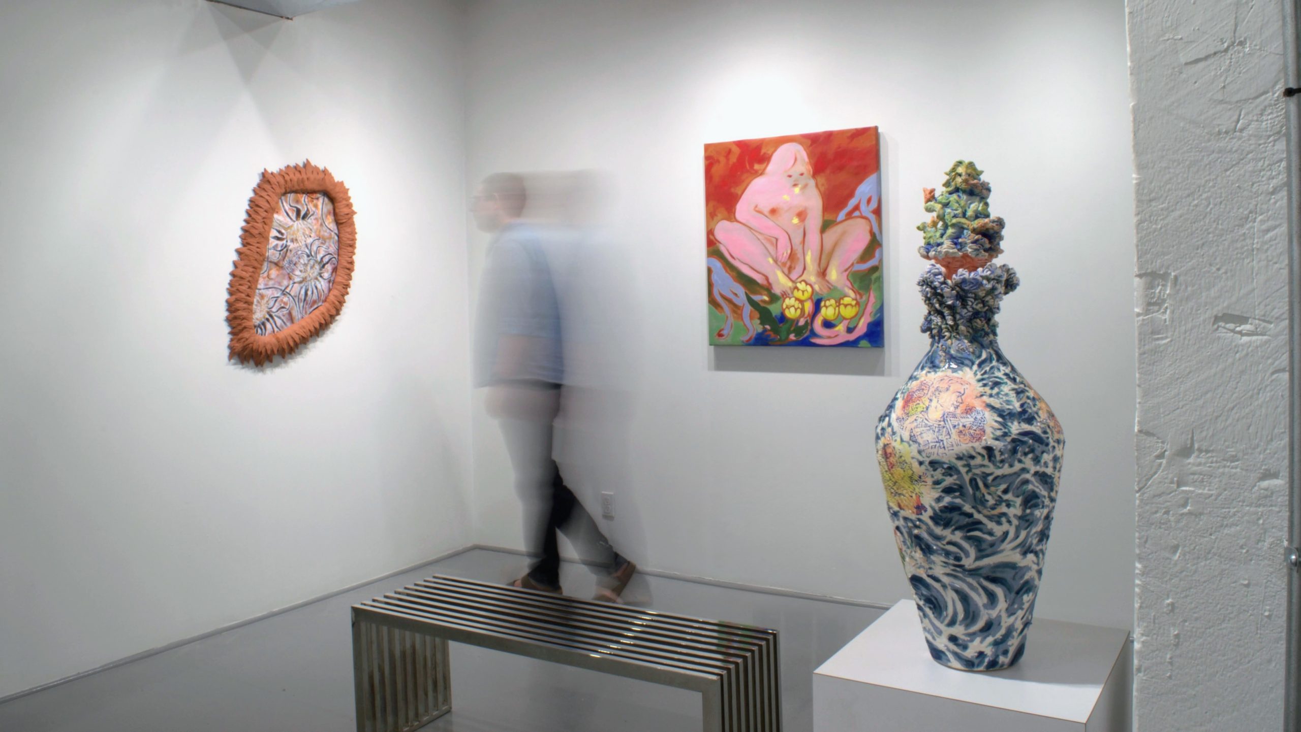 Installation view of Animate Ground group exhibition at Gallery Bogart Kansas City, featuring ceramic sculpture and mixed media works by Jo Archuleta, Mónica Figueroa, Lizzie Ingram, SunYoung Park, and SK Reed.