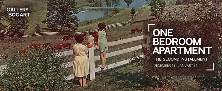Exhibition banner for One Bedroom Apartment at Gallery Bogart Kansas City, featuring a vintage landscape of figures looking out at cattle to represent themes of observation and scale.