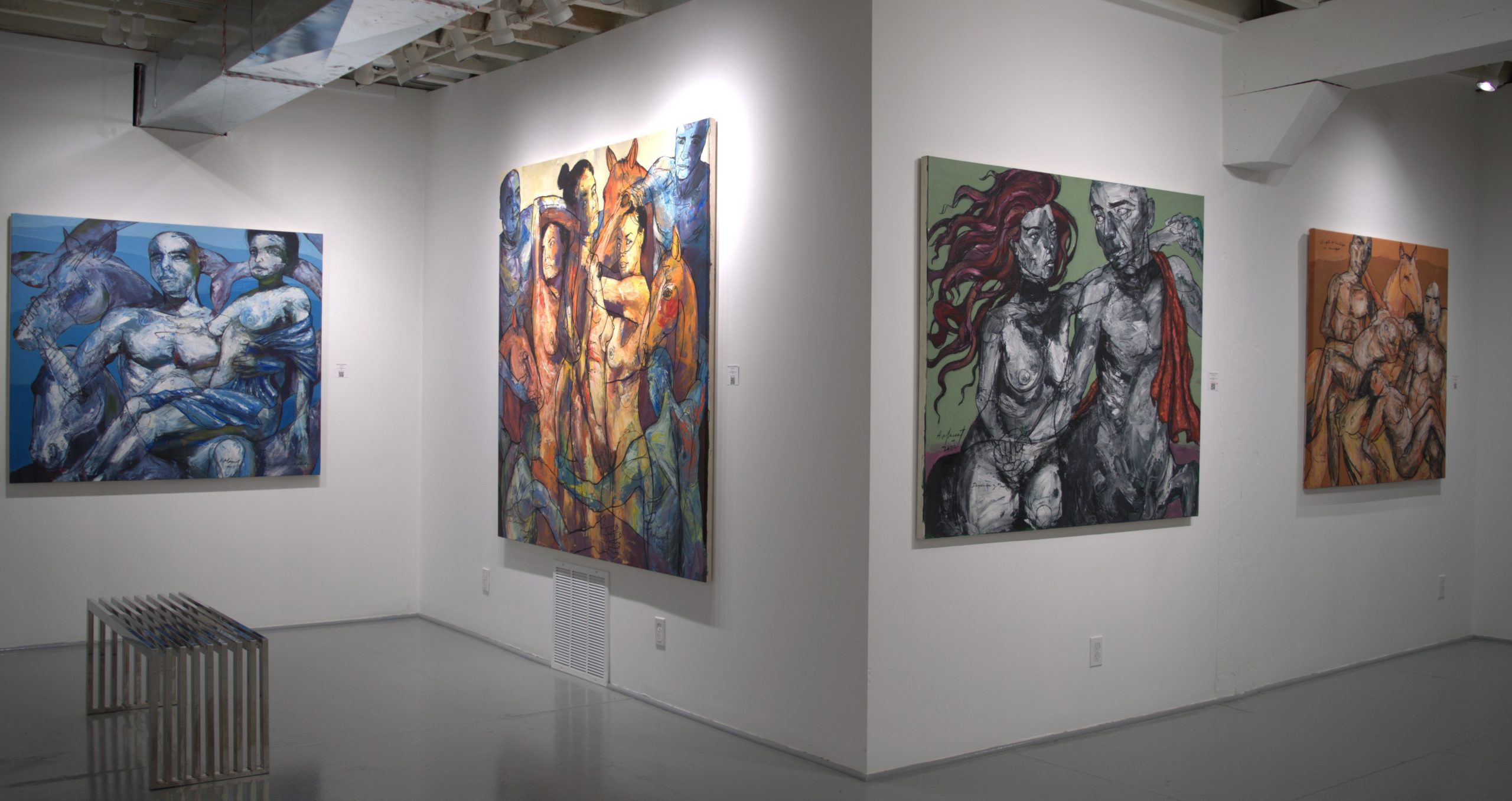 Installation view of Del mito, el rapto solo exhibition by Abel Massot at Gallery Bogart Kansas City, featuring large-scale contemporary figurative paintings.