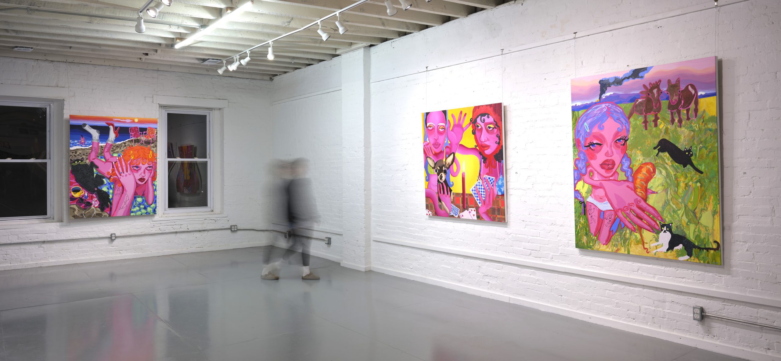 Installation view of Middle Daughter solo exhibition by Jo Archuleta at Gallery Bogart Kansas City, featuring vibrant figurative paintings exploring themes of womanhood and identity